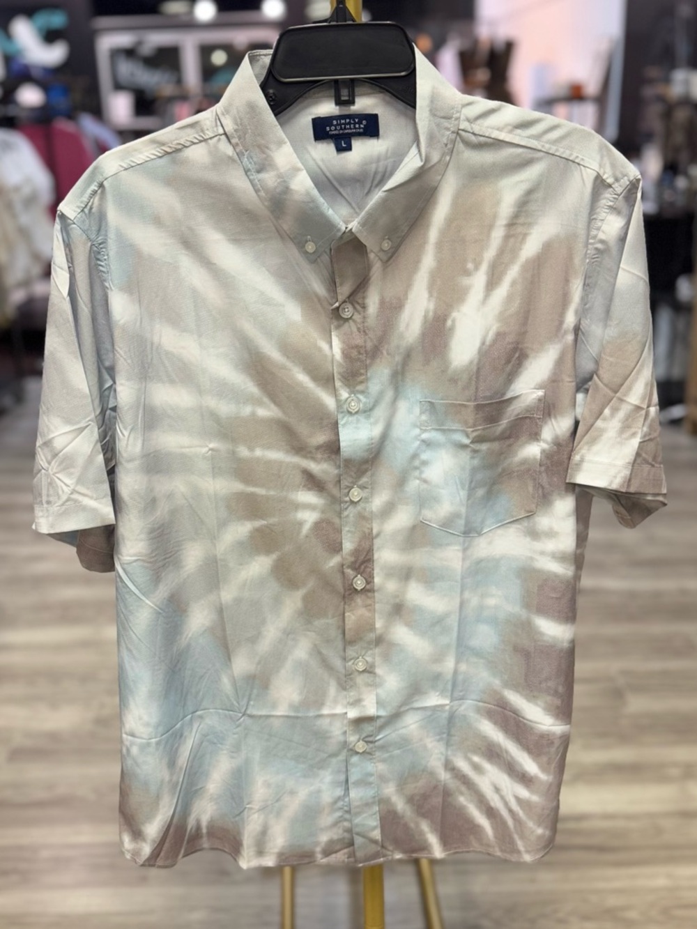 Simply Southern Short Sleeve Button-Down Shirt - Light Blue & Beige Tie-Dye